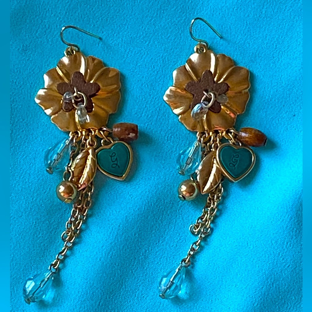 Vintage Art Deco Floral Dangle Gold Tone Earrings Signed